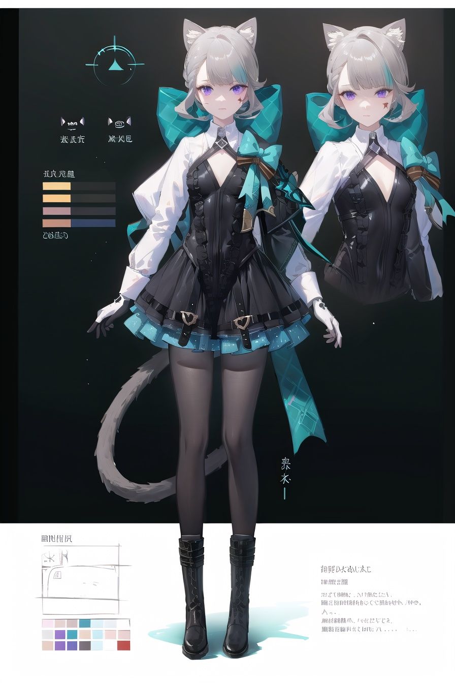 (multiple views:0.3), (sketch:1.25), shy, best quality, graphite \\(medium\\), ske, gradient, rainbow, (note:1.2), Line draft, highres, absurdres, (ultra-detailed:1.1), (illustration:1.1), (infographic:1.2), pajamas, (all clothes configuration:1.15), (solo), perfectly drawn hands, standing, cohesive background, paper, action, (character design:1.1),full body, <lora:lnt-v100-000027:0.85:char>,lnt, 1girl, purple eyes, long hair, cat ears, tail, grey hair, bangs,star_facial_mark,  mark, boots,black pantyhose, long sleeves, dress, white gloves, bow, black footwear, <lora:EnvyBetterHands LoCon_beta2 辅助:1>,(good hands,nice hands:0.5),(beautiful_face), ((intricate_detail)), (revealing clothes:1.2), clear face,((finely_detailed)), fine_fabric_emphasis,((glossy)),