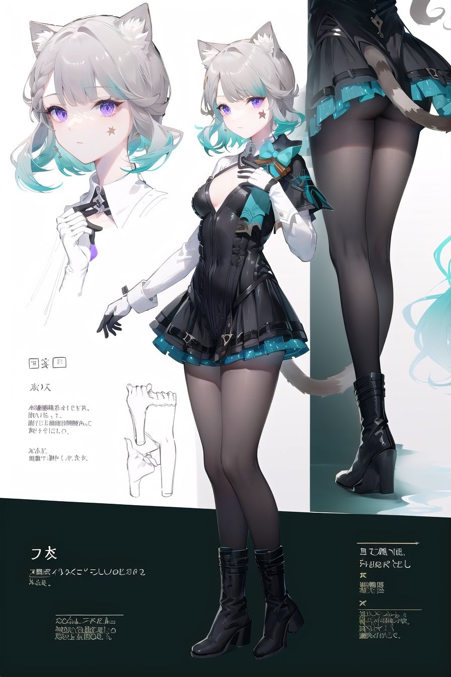 (multiple views:0.3), (sketch:1.25), shy, best quality, graphite \\(medium\\), ske, gradient, rainbow, (note:1.2), Line draft, highres, absurdres, (ultra-detailed:1.1), (illustration:1.1), (infographic:1.2), pajamas, (all clothes configuration:1.15), (solo), perfectly drawn hands, standing, cohesive background, paper, action, (character design:1.1),full body,<lora:lnt-v100-000027:0.85:char>,lnt, 1girl, purple eyes, boots,black pantyhose, animal ears, long hair, black footwear, cat ears, bow, tail, standing, long sleeves, dress, white gloves, grey hair, bangs,<lora:EnvyBetterHands LoCon_beta2 辅助:1>,(good hands,nice hands:0.5),(beautiful_face), ((intricate_detail)), (revealing clothes:1.2), clear face,((finely_detailed)), fine_fabric_emphasis,((glossy)),