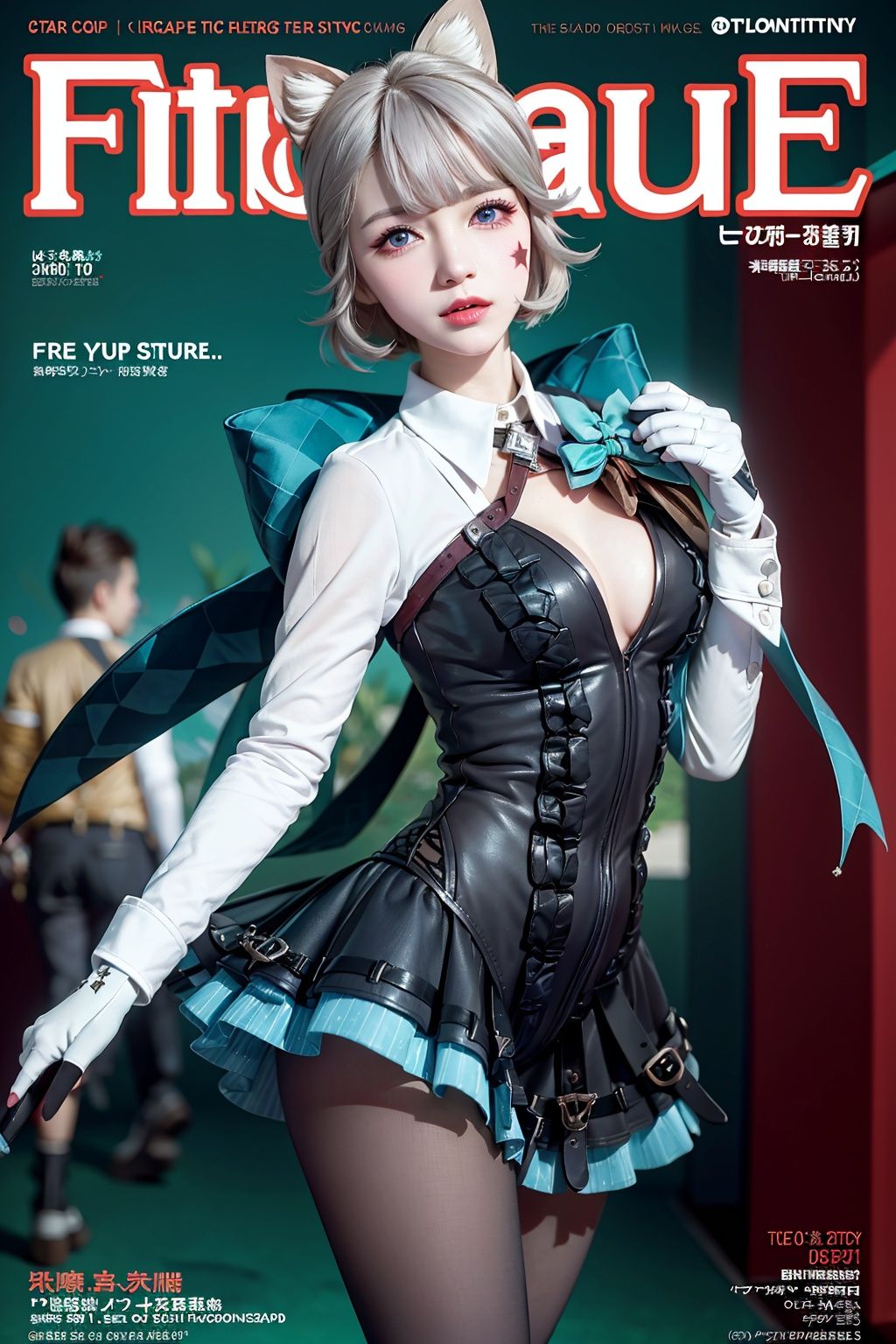 (8k, best quality, masterpiece), ultra-detailed, (high detailed skin),glossy skin, contrapposto, female focus, model, (hot:0.7), sexy, fine fabric emphasis, wall paper, crowds, fashion, Lipstick, depth of field, street, in public, Magazine cover, (title), (Magazine cover-style illustration of a fashionable woman), posing in front of a colorful and dynamic background. (The text on the cover should be bold and attention-grabbing, with the title of the magazine and a catchy headline),,lnt, 1girl, purple eyes, boots,black pantyhose, animal ears, long hair,(star facial mark:1.2), black footwear, cat ears, bow, tail, standing, long sleeves, dress, white gloves, grey hair, bangs,, (good hands, nice hands:0.5)(beautiful_face), ((intricate_detail)),((finely_detailed)), fine_fabric_emphasis,((glossy)),