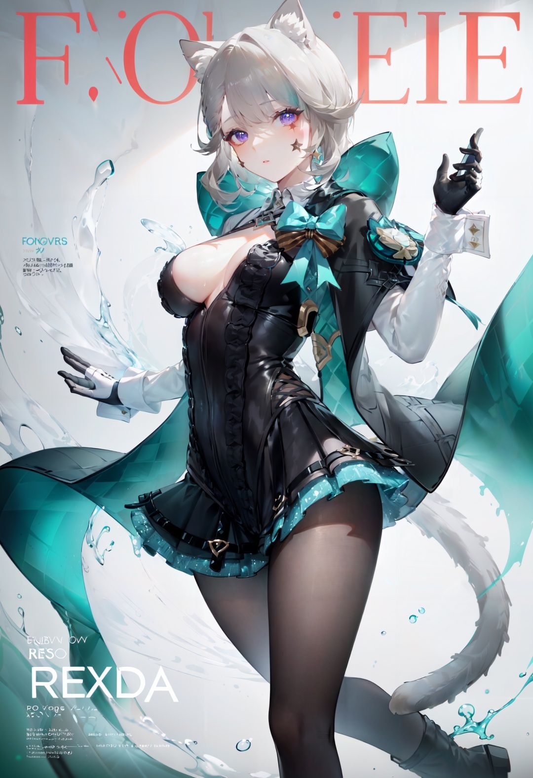 (8k, best quality, masterpiece), ultra-detailed, (high detailed skin),glossy skin, contrapposto,  female focus, model, (hot:0.7), sexy, fine fabric emphasis, wall paper, crowds, fashion, Lipstick, depth of field, street, in public, Magazine cover, (title), (Magazine cover-style illustration of a fashionable woman), posing in front of a colorful and dynamic background.  (The text on the cover should be bold and attention-grabbing, with the title of the magazine and a catchy headline),<lora:lnt-v100-000027:0.85:char>,lnt, 1girl, purple eyes, boots,black pantyhose, animal ears, long hair,(star facial mark:1.2), black footwear, cat ears, bow, tail, standing, long sleeves, dress, white gloves, grey hair, bangs,<lora:EnvyBetterHands LoCon_beta2 辅助:1>, (good hands, nice hands:0.5)(beautiful_face), ((intricate_detail)),((finely_detailed)), fine_fabric_emphasis,((glossy)),