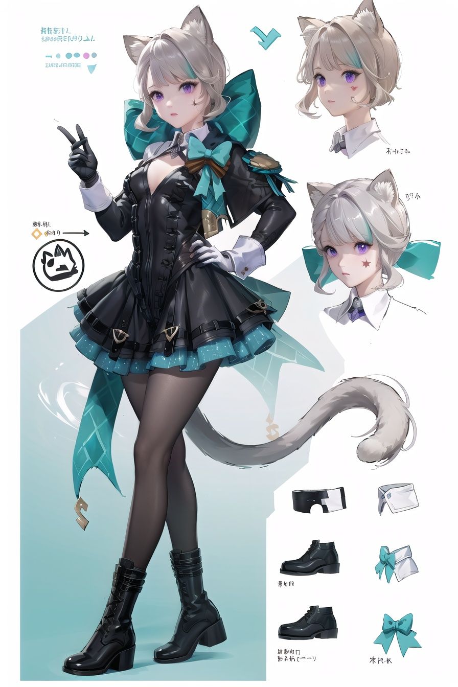 (multiple views:0.3), (sketch:1.25), shy, best quality, graphite \\(medium\\), ske, gradient, rainbow, (note:1.2), Line draft, highres, absurdres, (ultra-detailed:1.1), (illustration:1.1), (infographic:1.2), pajamas, (all clothes configuration:1.15), (solo), perfectly drawn hands, standing, cohesive background, paper, action, (character design:1.1),full body, <lora:lnt-v100-000027:0.85:char>,lnt, 1girl, purple eyes, boots,black pantyhose, animal ears, long hair, black footwear, cat ears, bow, tail, standing, long sleeves, dress, white gloves, grey hair, bangs,<lora:EnvyBetterHands LoCon_beta2 辅助:1>,good hands,nice hands,(beautiful_face), ((intricate_detail)), (revealing clothes:1.2), clear face,((finely_detailed)), fine_fabric_emphasis,((glossy)),
