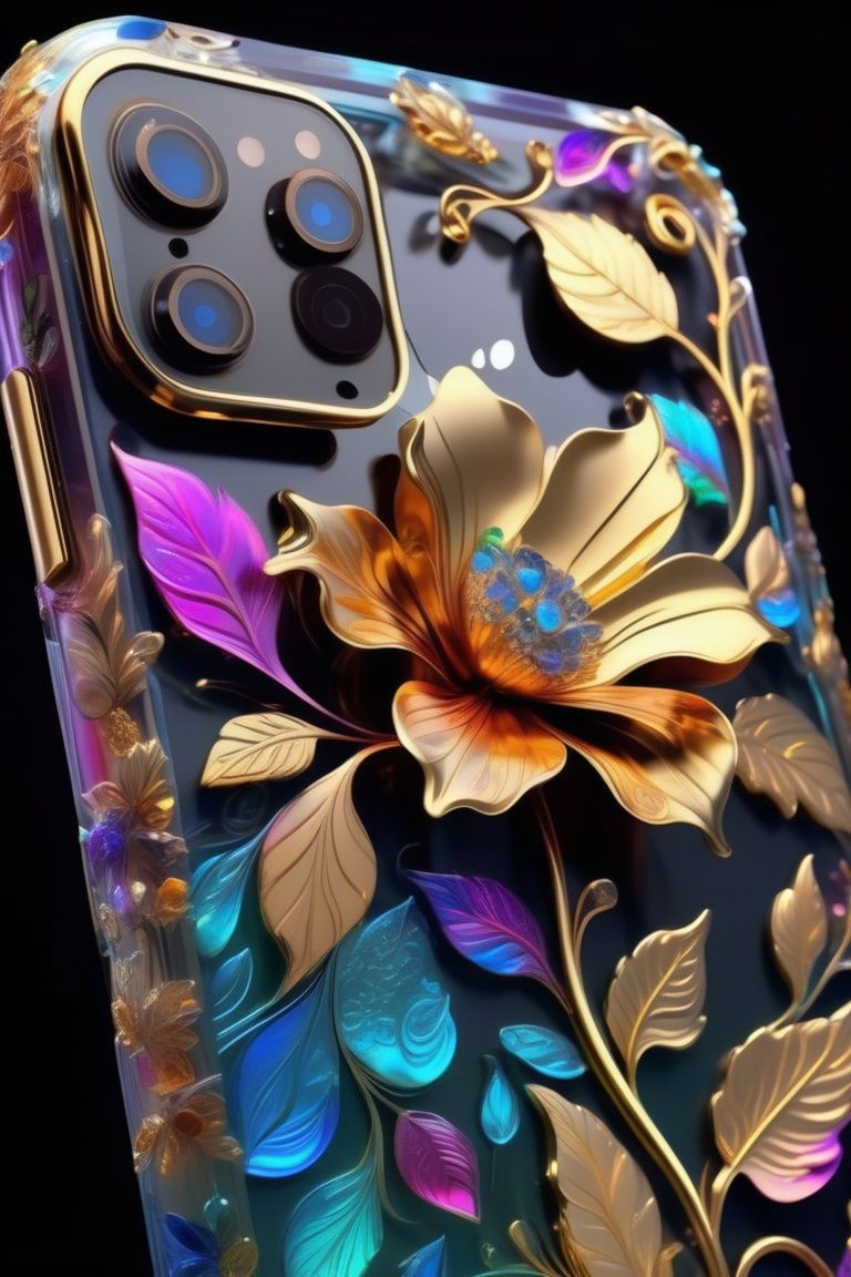 made glossy paint and colorful transparent,  golden metal floral and leaf pattern,  flower on Tensor.Art
