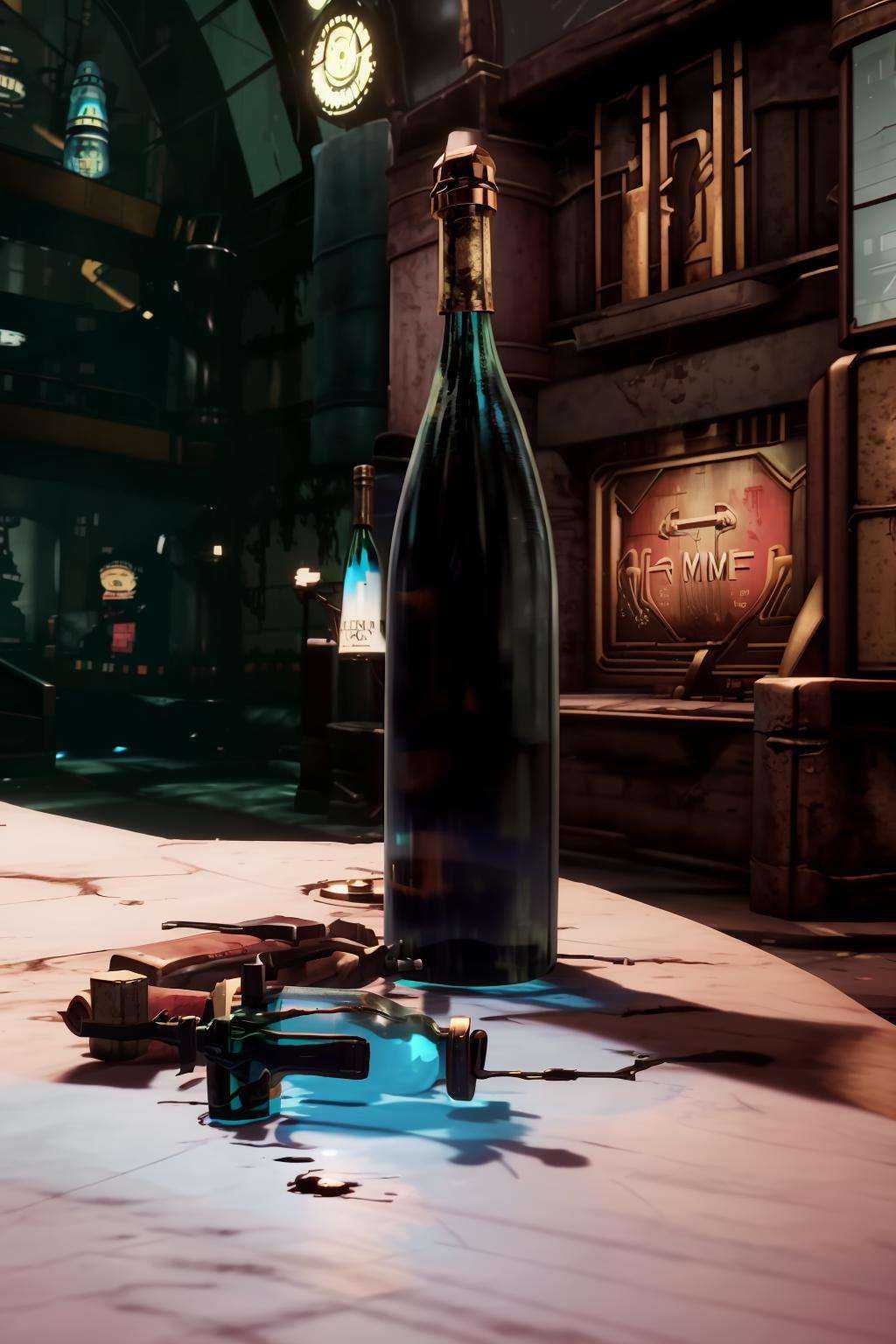 a bottle of wine and a remote control on a table ,  weapon,  indoors on Tensor.Art