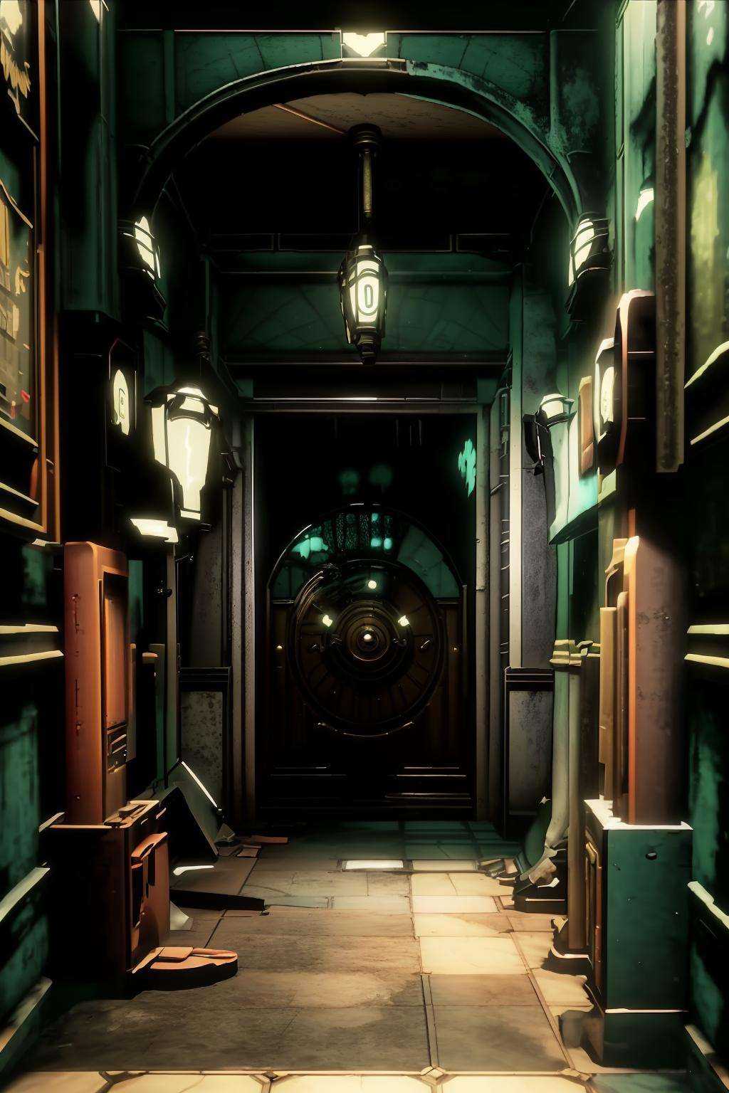 a hallway with a door and a fire hydrant ,  indoors,  english text on Tensor.Art