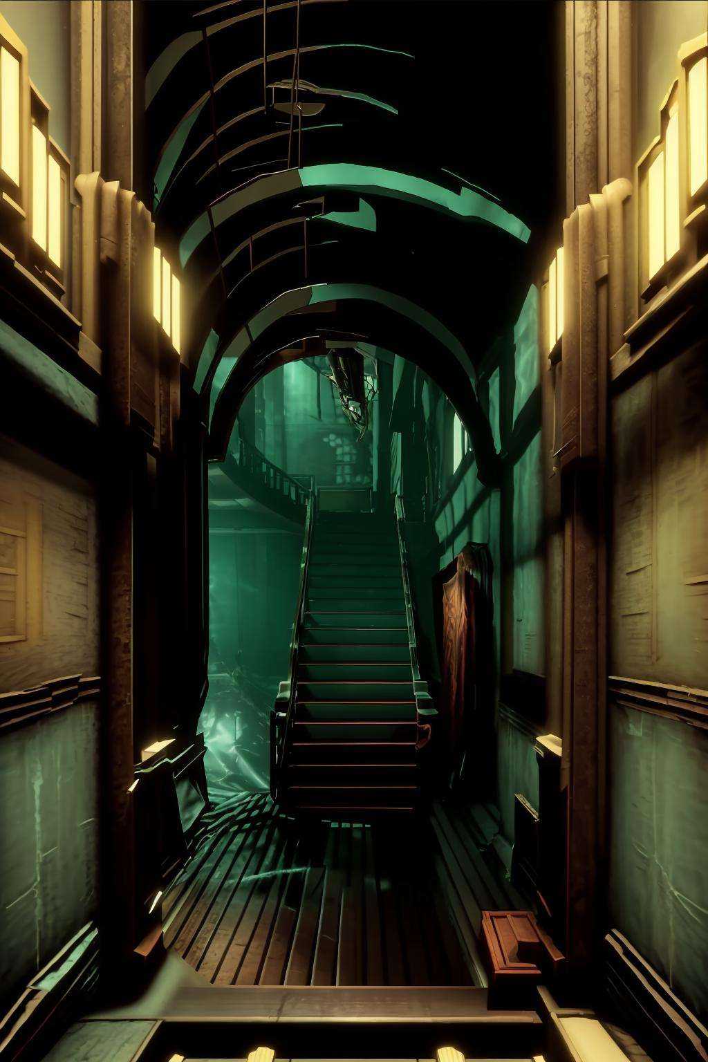 a dark hallway with a staircase and a set of stairs ,  indoors,  no humans on Tensor.Art