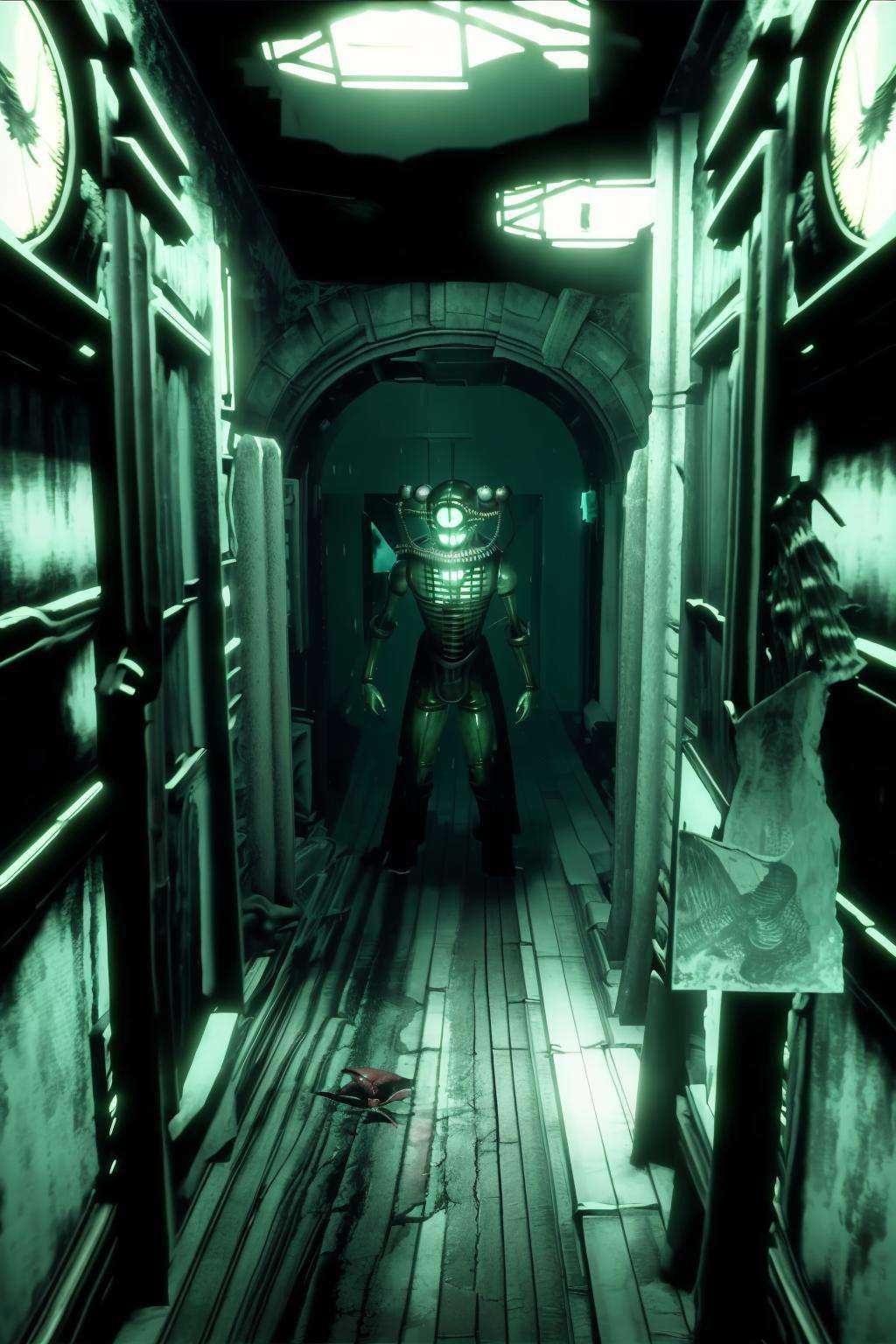 a creepy looking hallway with a creepy looking person ,  a creepy looking creature standing in a room ,  cinematic from Bi...