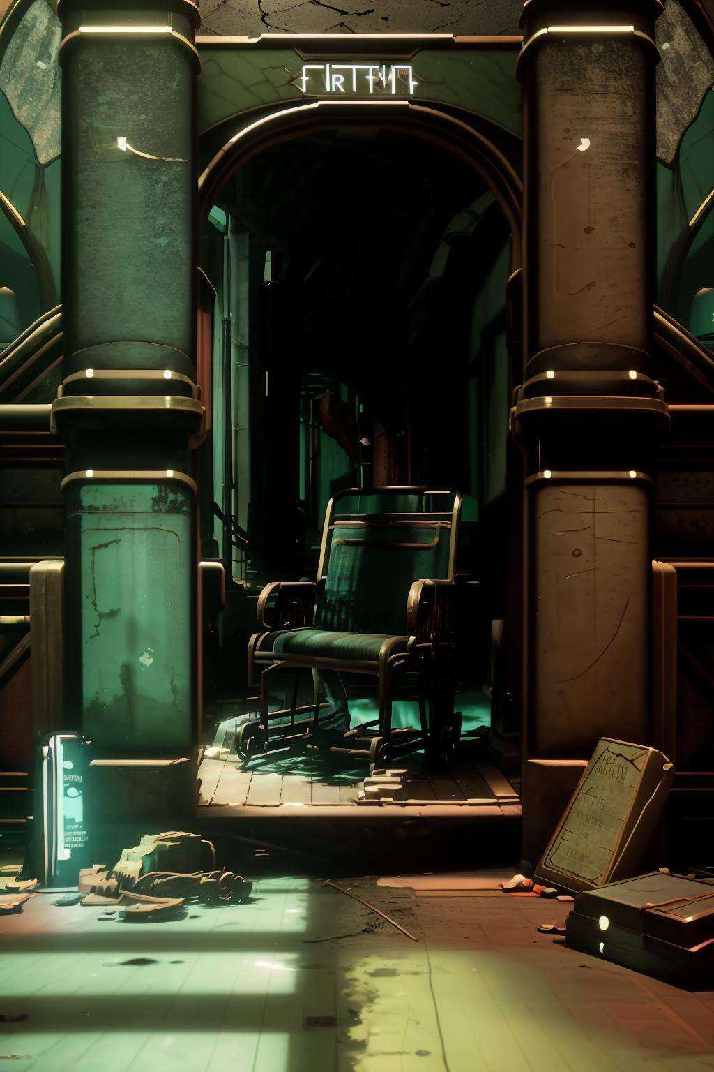 a room with a chair and a sign that says medical pavilion ,  a train is coming down the tracks in a tunnel ,  cinematic fr...