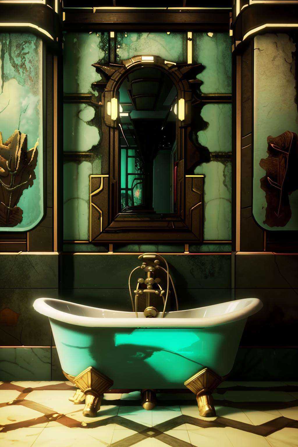 a bathroom with a bathtub and a painting on the wall ,  indoors,  no humans on Tensor.Art