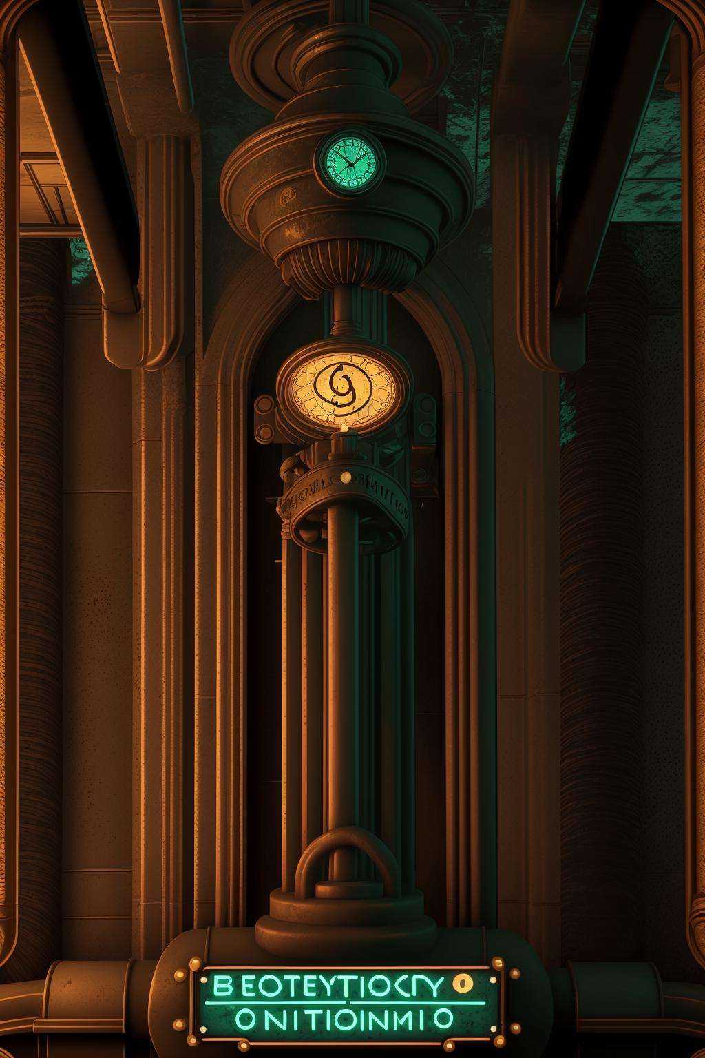 a lit candle is in front of a poster ,  a train station with a clock and a neon sign ,  cinematic from Bioshock game serie...