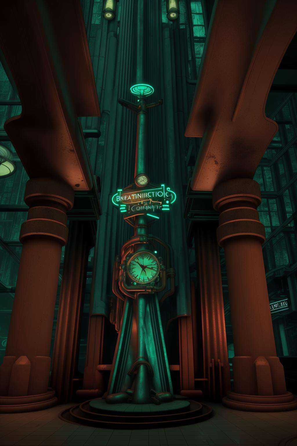a lit candle is in front of a poster ,  a train station with a clock and a neon sign ,  cinematic from Bioshock game serie...