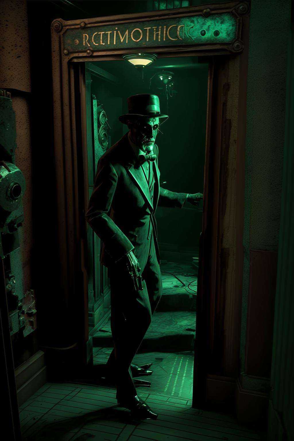 a creepy looking man standing in a room ,  a room with a lamp and a door ,  cinematic from Bioshock game series on Tensor.Art