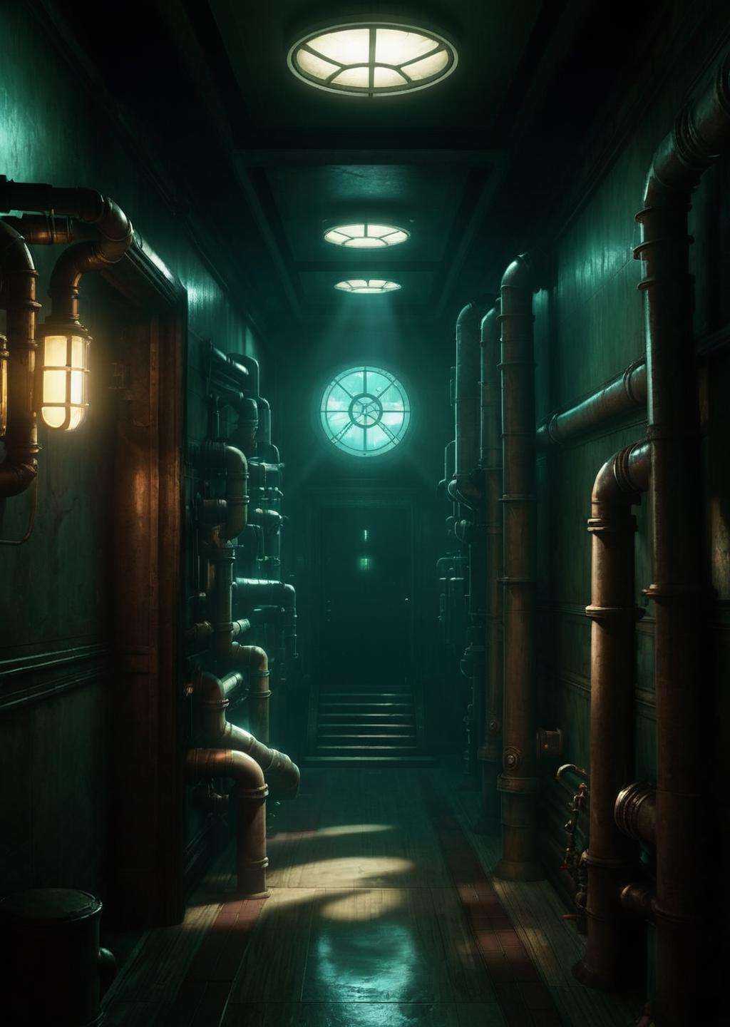 a dark hallway with a bunch of pipes ,  indoors,  no humans on Tensor.Art