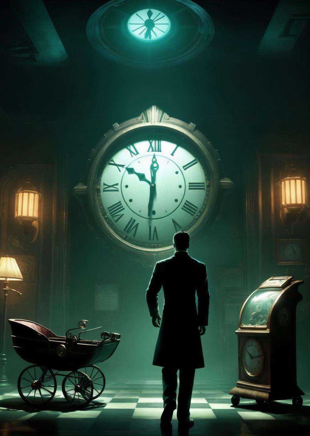 a man in a dark room with a clock ,  a room with a baby carriage and a sign ,  cinematic from Bioshock game series on Tens...