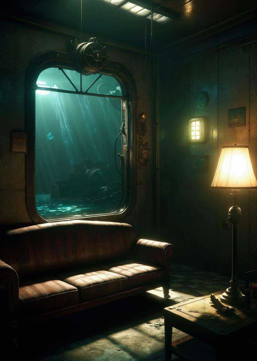 a dimly lit room with a window and a couch ,  indoors,  no humans on Tensor.Art