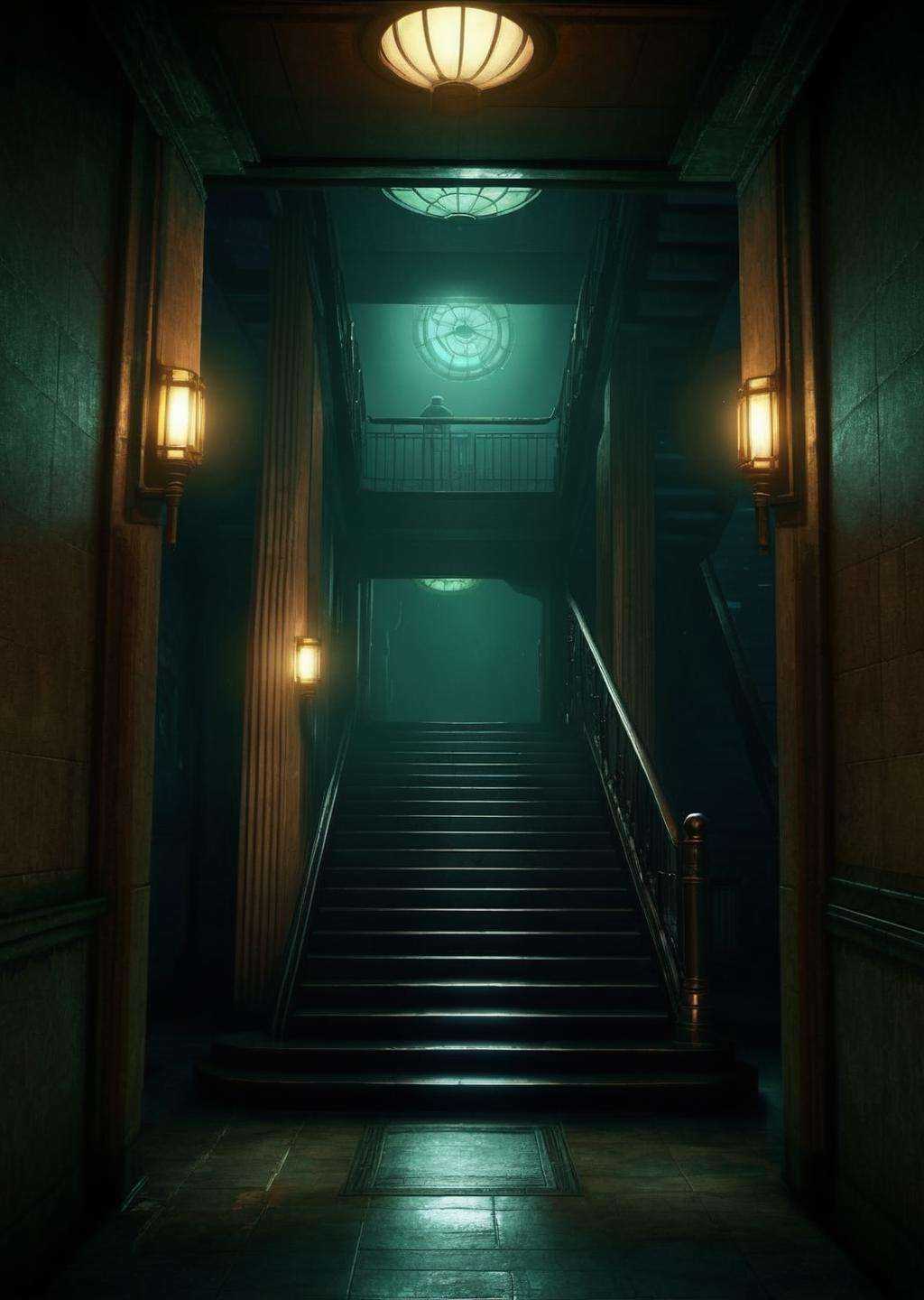 a dark hallway with a staircase and a set of stairs ,  indoors,  no humans on Tensor.Art