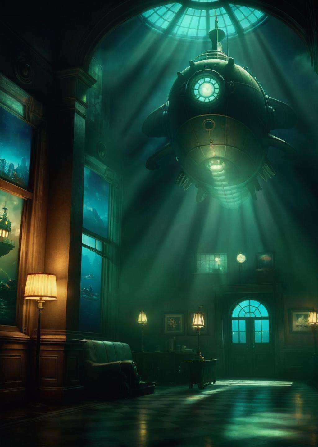 a large room with a large painting on the wall ,  no humans,  window on Tensor.Art