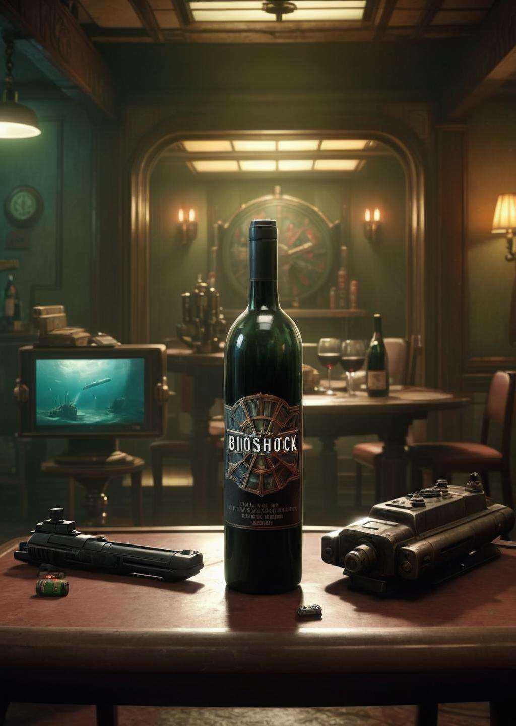 a bottle of wine and a remote control on a table ,  weapon,  indoors on Tensor.Art