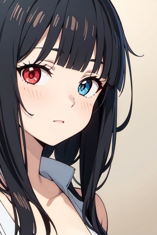 1girl, solo_focus, red_eyes, blue_eyes, heterochromia, black_hair, Blunt_bangs