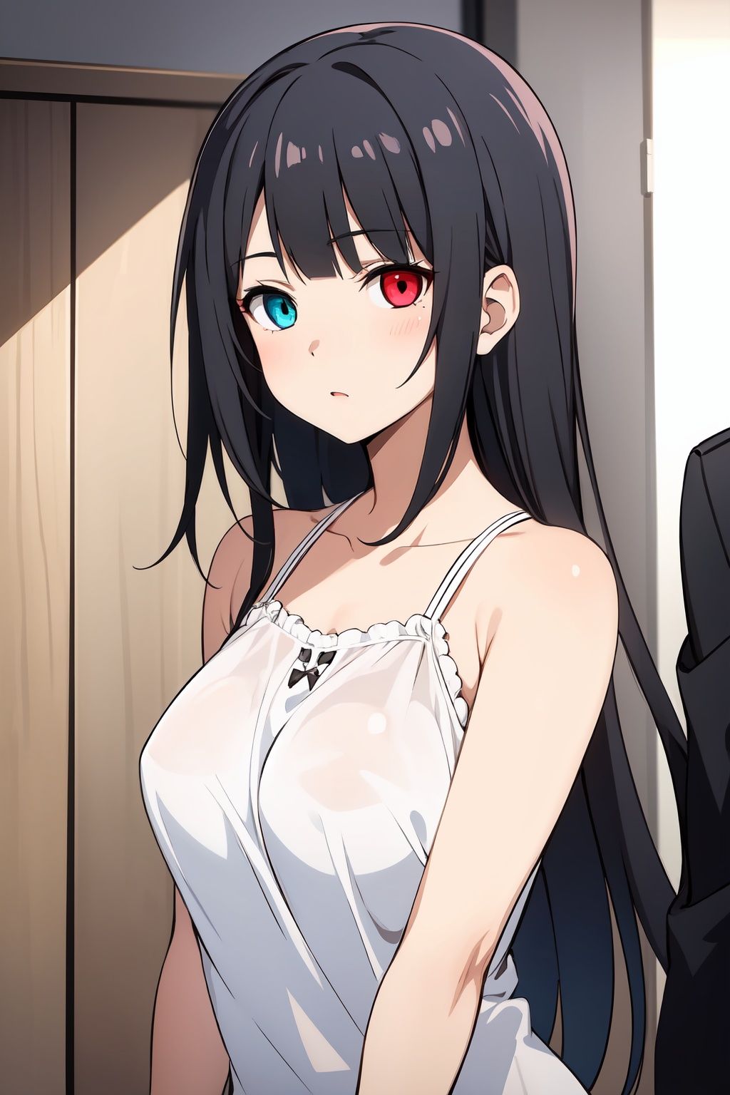 1girl, solo_focus, red_eyes, blue_eyes, heterochromia, black_hair, Blunt_bangs