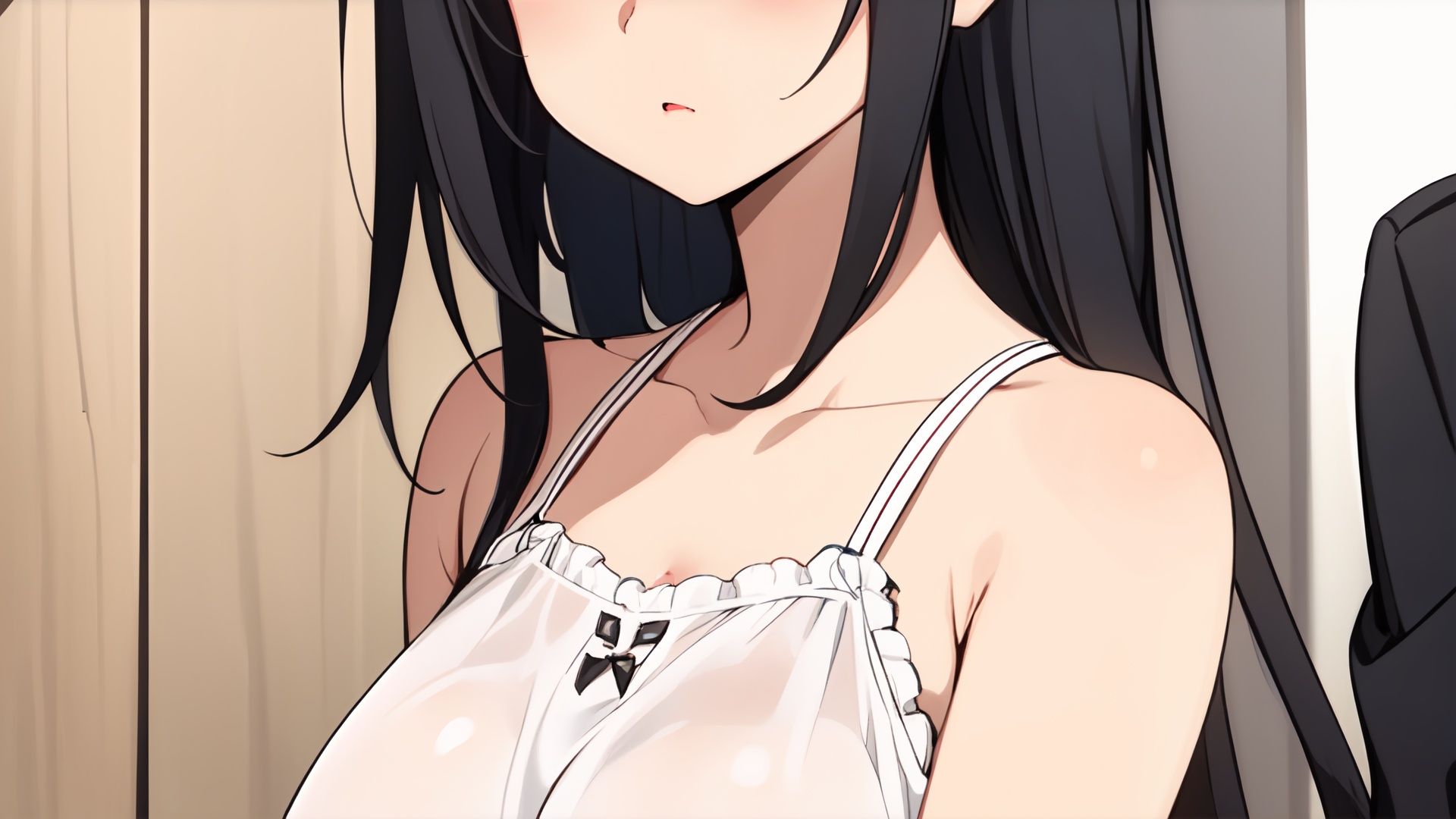 1girl, solo_focus, red_eyes, blue_eyes, heterochromia, black_hair, Blunt_bangs