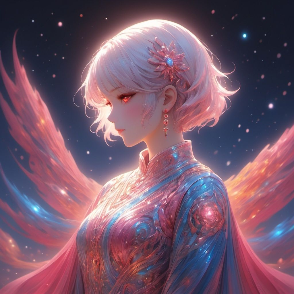 (masterpiece, top quality, best quality, official art, beautiful and aesthetic:1.2),(1girl),extreme detailed,(fractal art:1.3),colorful,highest detailed..,,White,Chest,Abdomen,(universe background,surreal),((blue short hair)),,a face,(Only one face.:1.1),.,relief,Pink Mecha,((red eyes))