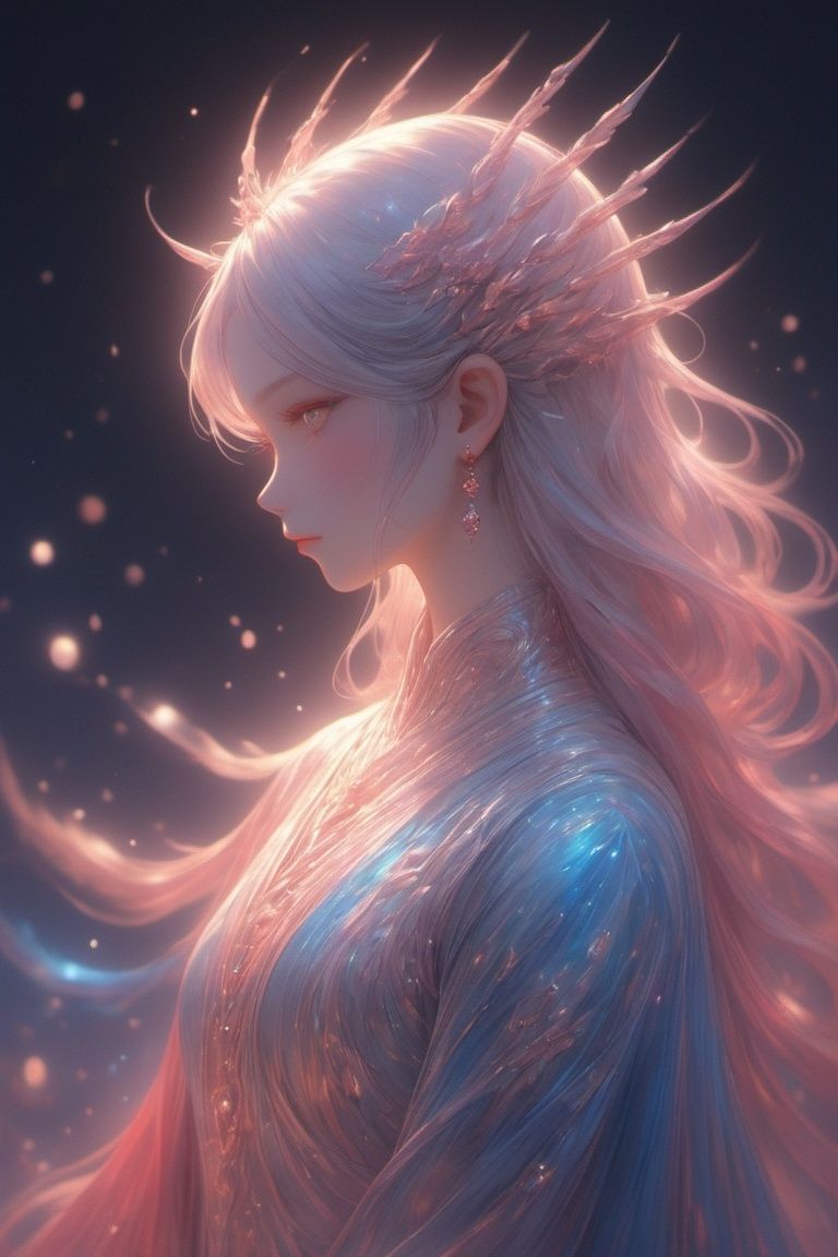 (masterpiece, top quality, best quality, official art, beautiful and aesthetic:1.2),(1girl),extreme detailed,(fractal art:1.3),colorful,highest detailed..,,White,Chest,Abdomen,(universe background,surreal),((blue short hair)),,a face,(Only one face.:1.1),.,relief,Pink Mecha,((red eyes))