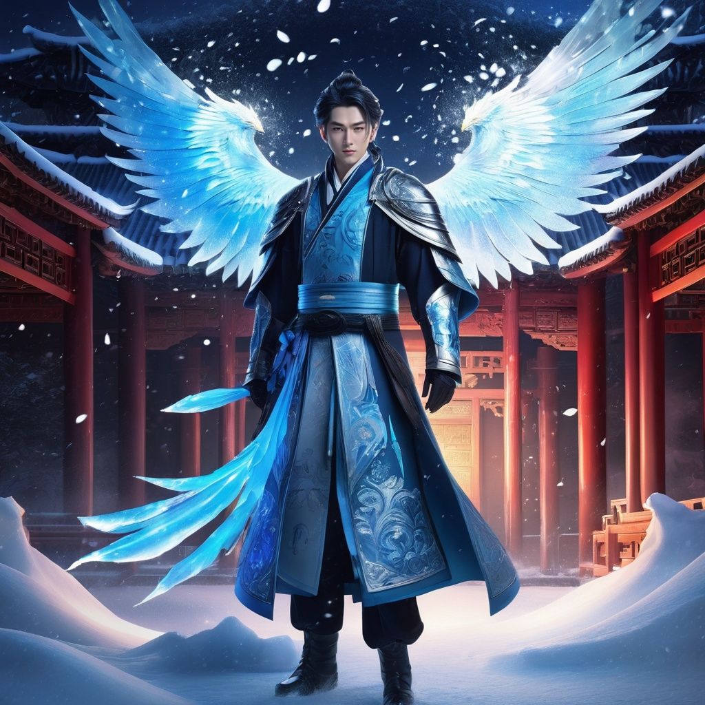 (((1boy,))),Imperial water,A magician,(ice),(((Ice Phoenix))),（Perfect facial features:1.4）,（Ancient Chinese Hanfu）,（Mysterious magic formations;1.2）,Blue glow,（Frost wings）,(((Powerful ice magic))),(((Icicles))),Towering over the landscape,Blue light cold light,(((Ice storms))),Wind,((Flying snow ice and snow)),Amazing results,,best qualityer,tmasterpiece,finely detailled,Complicated details,8KUCG wallpaper,hdr,water blue,Magic Array,Cinematic lighting effects,lightand shade contrast,Ray traching,NVIDIA RTX,jirou,jellyfishforest<lora:PinkMan-000006:0.6>