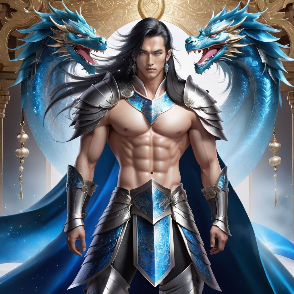 boy, long hair, jewelry, blue eyes, earrings, blue hair, looking at viewer, dragon, hair ornament, solo, light particles, forehead jewel, facial mark, closed mouth, eastern dragon, bangs, hair between eyes, forehead mark, shoulder armor, Above the leg, Expose your belly button, Topless, Metal shoulder guard, sparkle<lora:PinkMan-000006:0.6>