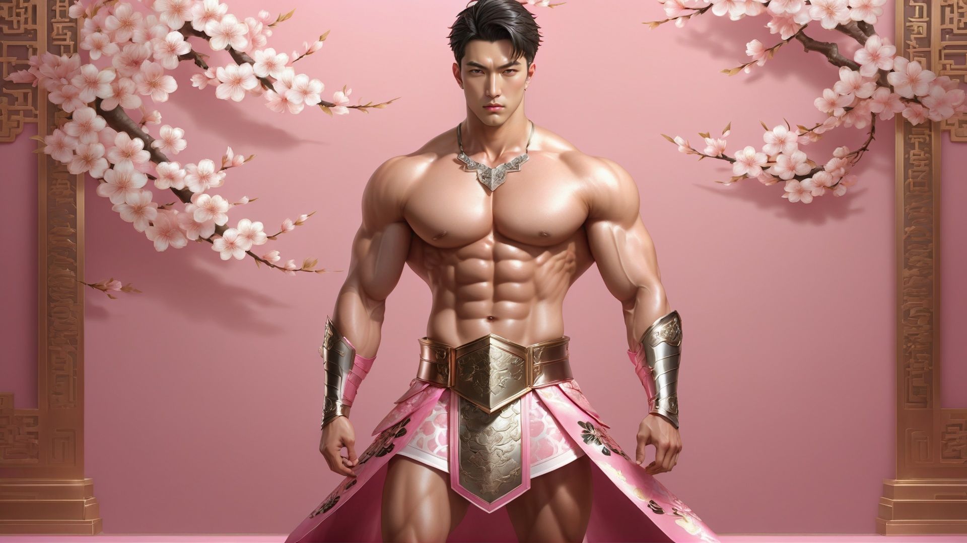 masterpiece, 1 Man, Look at me, Handsome, Pinkman, Muscular development, Topless, Armor, Expose your belly button, Short hair, (Whole body:1.2), Indoor, Golden wall carving, Carving, Pink background, Metal shoulder guard, Necklace, Above the leg, textured skin, super detail, best quality,Whole body,Barefoot,Peach blossom<lora:PinkMan-000006:0.6>