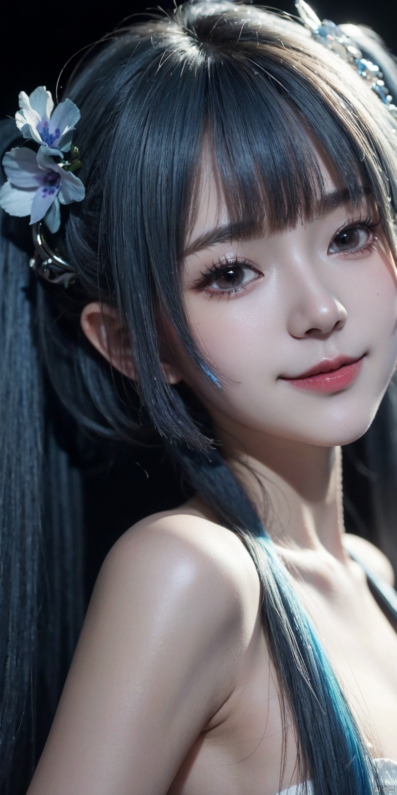  best quality, masterpiece, realistic,cowboy_shot,(Good structure), DSLR Quality,Depth of field,kind smile,looking_at_viewer,Dynamic pose, 
8k Wallpaper,grand,masterpiece,best quality,ultra-detailed,illustration,an extremely delicate and beautiful,dynamic angle,rainbow hair,detailed cute anime face,loli,masterpiece,an extremely delicate and beautiful girl,flower,cry,water,corrugated,flowers tire,broken glass,broken screen,atlantis,transparent glass,  , babata,blue hair, short hair