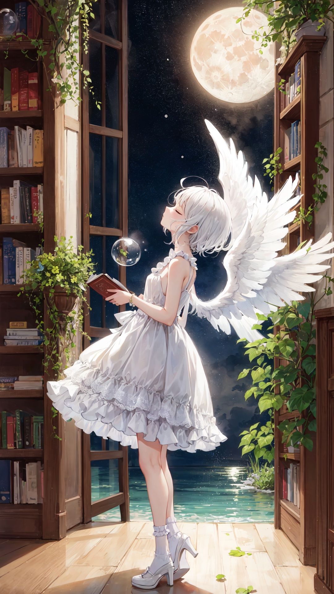 dress, 1girl, wings, book, white dress, bubble, holding, bookshelf, looking up, white hair, moon, sleeveless dress, sleeveless, solo, standing, high heels, socks, air bubble, indoors, book stack, short hair, bangs, wand, underwater, frilled dress, shelf, frills, shoes, white footwear, from side, plant, white socks, full moon, bare shoulders, bare arms, fish, closed eyes, full body, flower, holding book, white background, full body, , white