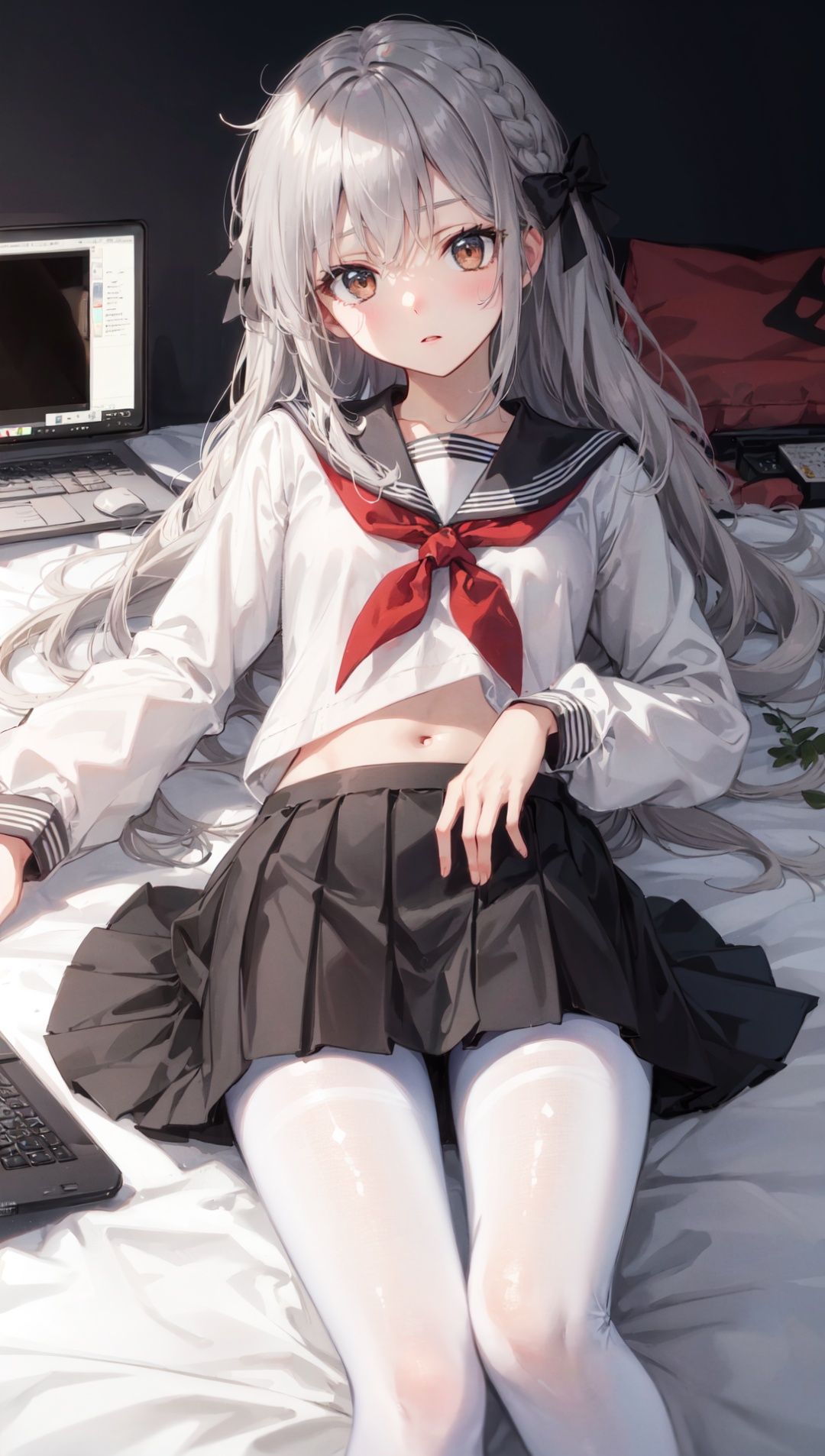 ((masterpiece)),(((best quality))),(ultra-detailed),(best illustration),(best illumination, best shadow),((an extremely delicate and beautiful)),dynamic angle,floating,(Short focal length)(Long object distance)(back depth of field),chowbie_jue,bangs,black_bow,black_pantyhose,black_skirt,blurry,blurry_background,bow,braid,brown_eyes,grey_hair,hair_between_eyes,hair_bow,hand_up,highres,legs,long_hair,long_sleeves,looking_at_viewer,original,black background,pantyhose,pleated_skirt,puffy_long_sleeves,puffy_sleeves,sailor_collar,shirt,skirt,solo,standing,white_sailor_collar,white_shirt,solo,messy room,loaded interior,bedroom,(((otaku room))),(computer)wide shot,(lying on back:1.3), Herb Ritts,cowboy shot,fisheye