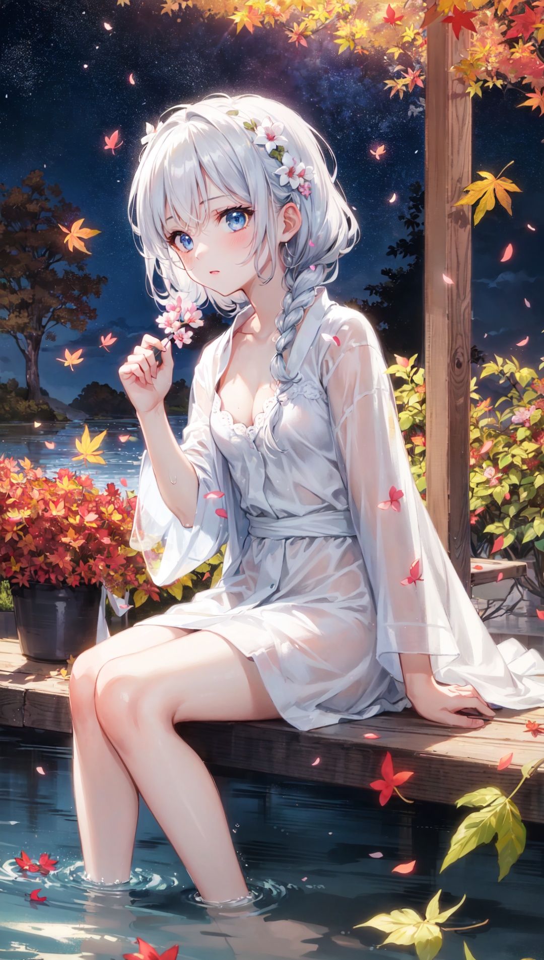 (a girl),8 years old,(((((solo))))),dark,dark,dark,finely detail,(((masterpiece))),((extremely detailed CG unity 8k wallpaper)),best quality, high resolution illustration,,Amazing,highres,intricate detail,(best illumination, best shadow, an extremely delicate and beautiful),Raytrace,cinematic angle,Luminous particle,(((night))),(((autumn))),lantern,hairpin,wind,(flying petal:1.5),Dieffenbachia seguine Schott,maple,((Falling Maple Leaves)),((Tyndall effect)),sprinkle,Beautiful detailed water surface,Water Reflection,detailed water,ripple,fog,sitting,Tulle bathrobe,Wet clothing,The water reflects the starry sky,female focus,(beautiful detailed girl),lovely face, extremely delicate and beautiful girls,blue eyes,diamond and glaring eyes,beautiful detailed glow,lateral view,1 gir,straight hair,silver hair,cleavage,braid,Slender waist, small breast,barefoot,She made a fanning motion, pretending to cool herself off.
