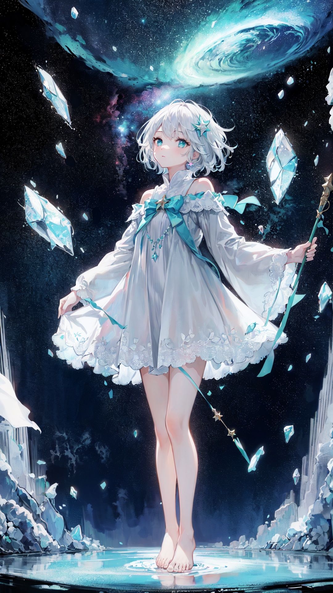 (((green, silver, glimmer)), limited palette, contrast, phenomenal aesthetic, best quality, sumptuous artwork,
(masterpiece), (best quality), (ultra-detailed),(((illustration))), ((an extremely delicate and beautiful)),(detailed light),1girl,cold theme, broken glass, broken wall,((an array of stars)),((starry sky)),the Milky Way,star,Reflecting the starry water surface,(1girl:1.3)aqua theme,white hair,blinking,white dress,closed mouth,constel lation,flat color,noline art,full Glass sphere,girl inside glass sphere,white hair,braid,blinking,white robe,bust \(sculpture\),barefoot,float,closed mouth,constel lation,flat color,holding,holding wand,looking up,standing,male focus,medium hair,standing,solo,space,universe,utaite(singer),Nebula,many stars,