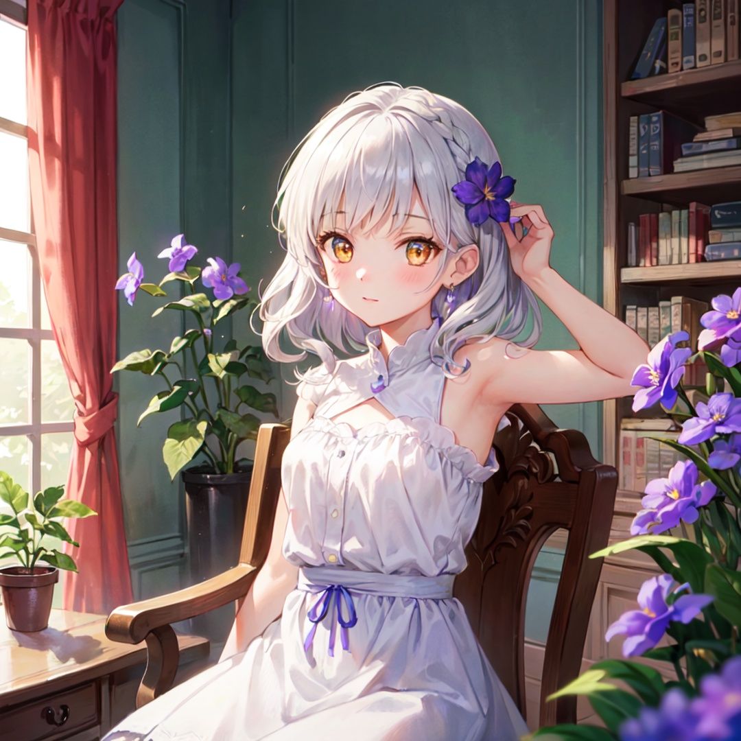 ((masterpiece)), best quality, highly detailed, extremely detailed CG unity 8kwallpaper illustration, ((God's light)), (strong side lighting), (perspective:1.2), (((backlight))), (((Tyndall effect))), (((dense))), ((fog)), ((light leaks)), ((Airborne dust)), depth of field:1.35),

 ((cold)), library, book on the table, bookshelf, (((Violet Flower))),pencil, shiny eyes, hair flaps, (super detailed hair), yellow eyes, glow eyes, (cute animated face:1.3), long eyelashes, ((1girl sitting on the chair)), fair skin, blunt bangs, hair strand, detailed hair, side braid, wavy silver hair, floating_hairline, side braid, crescent earrings, wide eyed, armpits, hair flower, (dappled sunlight on face:1.25), white dress, ////////// blue curtain++++, window, The flowerpot is on the windowsill, plant at background, intricate detail, Cinematic Lighting, focus blur