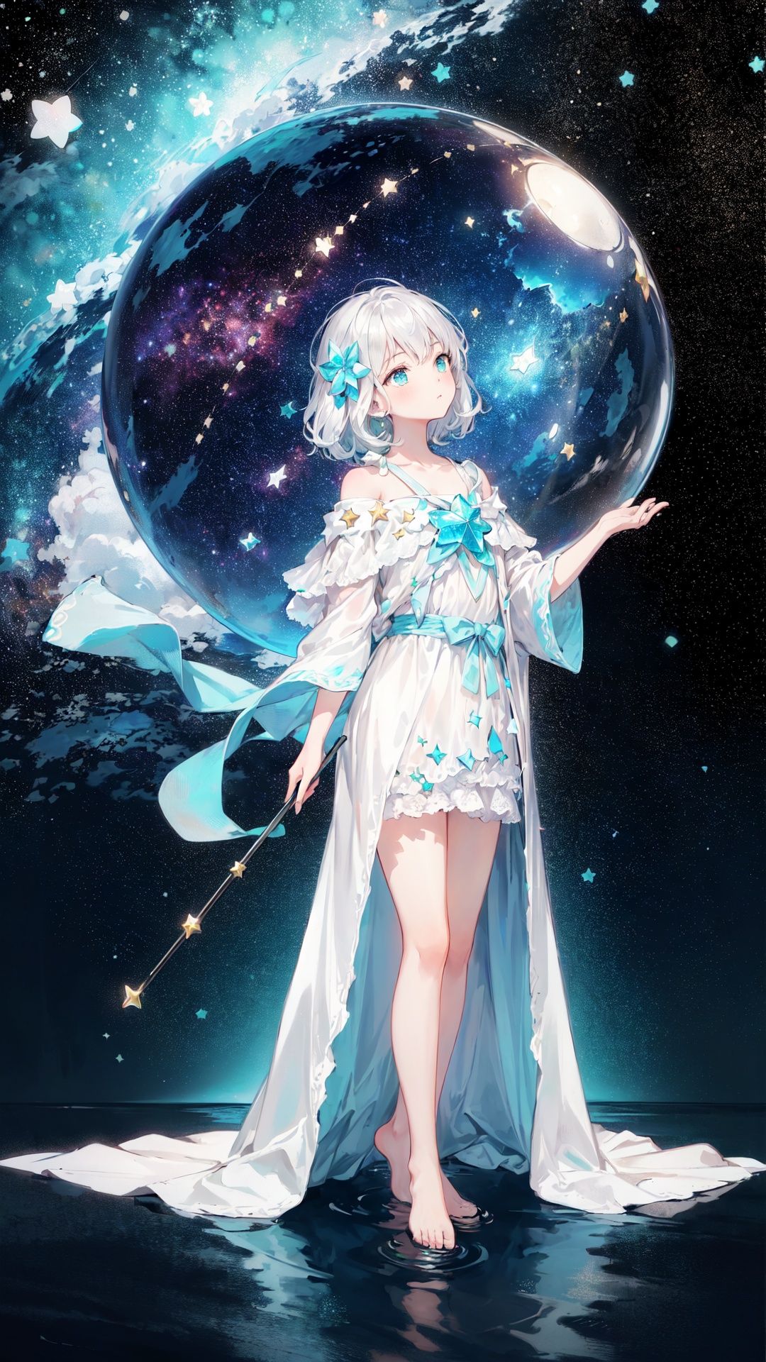 (((green, silver, glimmer)), limited palette, contrast, phenomenal aesthetic, best quality, sumptuous artwork,
(masterpiece), (best quality), (ultra-detailed),(((illustration))), ((an extremely delicate and beautiful)),(detailed light),1girl,cold theme, broken glass, broken wall,((an array of stars)),((starry sky)),the Milky Way,star,Reflecting the starry water surface,(1girl:1.3)aqua theme,white hair,blinking,white dress,closed mouth,constel lation,flat color,noline art,full Glass sphere,girl inside glass sphere,white hair,braid,blinking,white robe,bust \(sculpture\),barefoot,float,closed mouth,constel lation,flat color,holding,holding wand,looking up,standing,male focus,medium hair,standing,solo,space,universe,utaite(singer),Nebula,many stars,