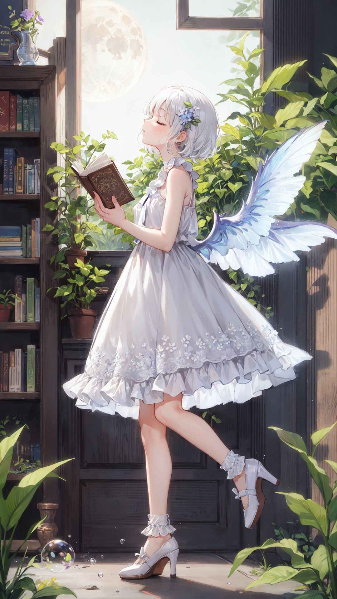 dress, 1girl, wings, book, white dress, bubble, holding, bookshelf, looking up, white hair, moon, sleeveless dress, sleeveless, solo, standing, high heels, socks, air bubble, indoors, book stack, short hair, bangs, wand, underwater, frilled dress, shelf, frills, shoes, white footwear, from side, plant, white socks, full moon, bare shoulders, bare arms, fish, closed eyes, full body, flower, holding book, white background, full body, , white