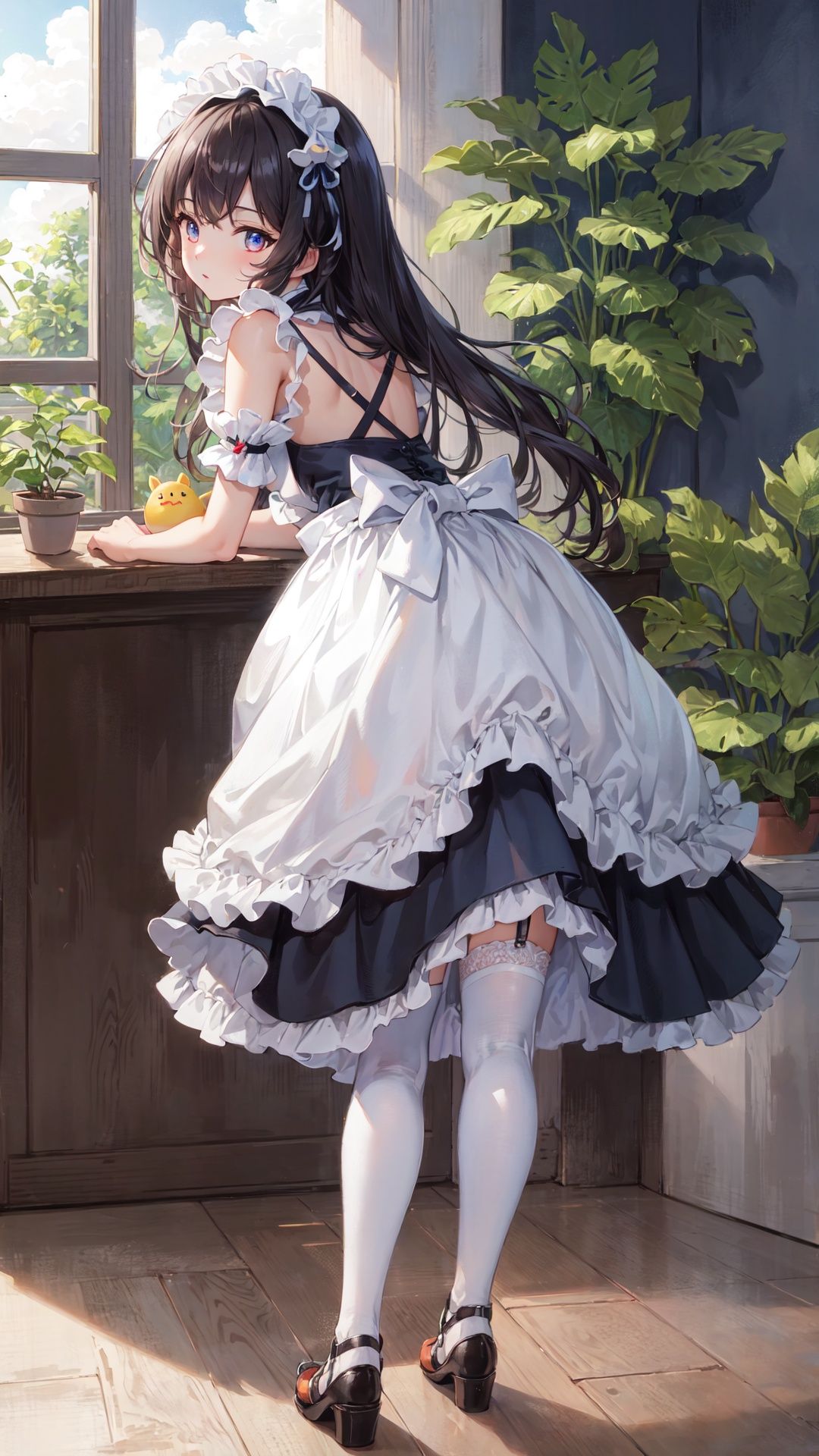 (((full body))), finely detail, Depth of field, (((masterpiece))), ((extremely detailed CG unity 8k wallpaper)), best quality, high resolution illustration, Amazing, intricate detail, (best illumination, best shadow, an extremely delicate and beautiful),

plant, indoors, potted_plant, bend over the desk, The blue sky and white clouds outside the window,
1girl, manjuu_\(azur_lane\), looking back, long_hair, small breast, garter_straps, thighhighs, very_long_hair, maid, plant, back, black_legwear, apron, solo