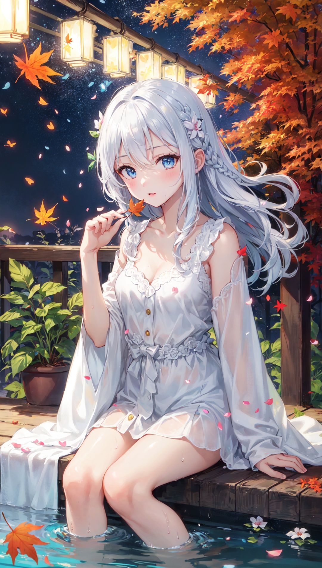 (a girl),8 years old,(((((solo))))),dark,dark,dark,finely detail,(((masterpiece))),((extremely detailed CG unity 8k wallpaper)),best quality, high resolution illustration,,Amazing,highres,intricate detail,(best illumination, best shadow, an extremely delicate and beautiful),Raytrace,cinematic angle,Luminous particle,(((night))),(((autumn))),lantern,hairpin,wind,(flying petal:1.5),Dieffenbachia seguine Schott,maple,((Falling Maple Leaves)),((Tyndall effect)),sprinkle,Beautiful detailed water surface,Water Reflection,detailed water,ripple,fog,sitting,Tulle bathrobe,Wet clothing,The water reflects the starry sky,female focus,(beautiful detailed girl),lovely face, extremely delicate and beautiful girls,blue eyes,diamond and glaring eyes,beautiful detailed glow,lateral view,1 gir,straight hair,silver hair,cleavage,braid,Slender waist, small breast,barefoot,She made a fanning motion, pretending to cool herself off.