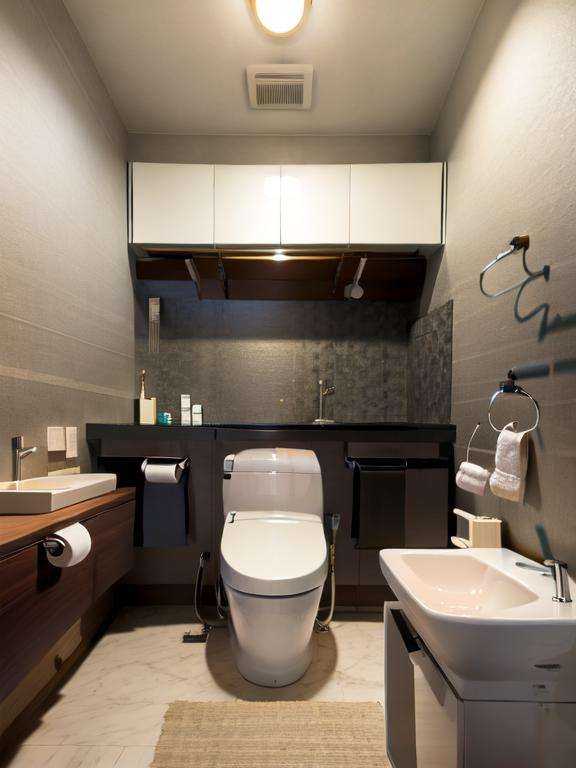 masterpiece, best quality, ultra-detailed, illustration,JMT, indoors, mirror,  sink, ceiling light, toilet, light, scenery, realistic,  <lora:JapaneseModernToilet:1>