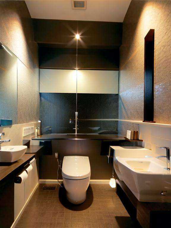 masterpiece, best quality, ultra-detailed, illustration,JMT, indoors, mirror,  sink, ceiling light, toilet, light, scenery, realistic,  <lora:JapaneseModernToilet:1>