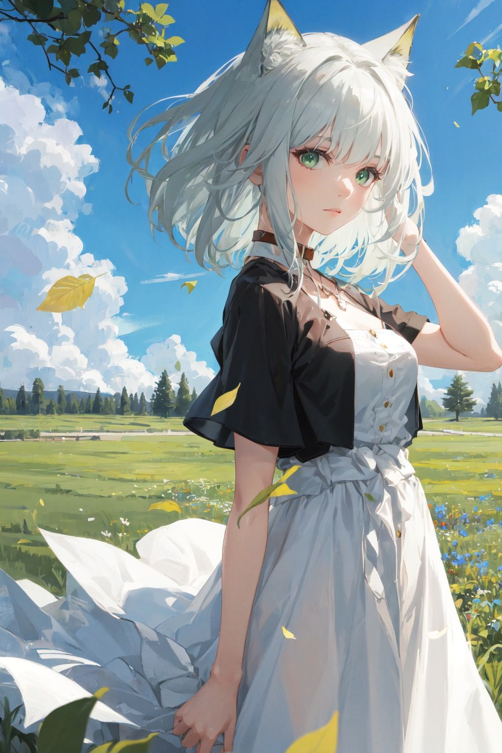 kaldef,casual dress,green eyes,1girl,masterpiece, best quality,hair blowing,looking at viewer,blue sky,meadow,tree,leaf,white hair