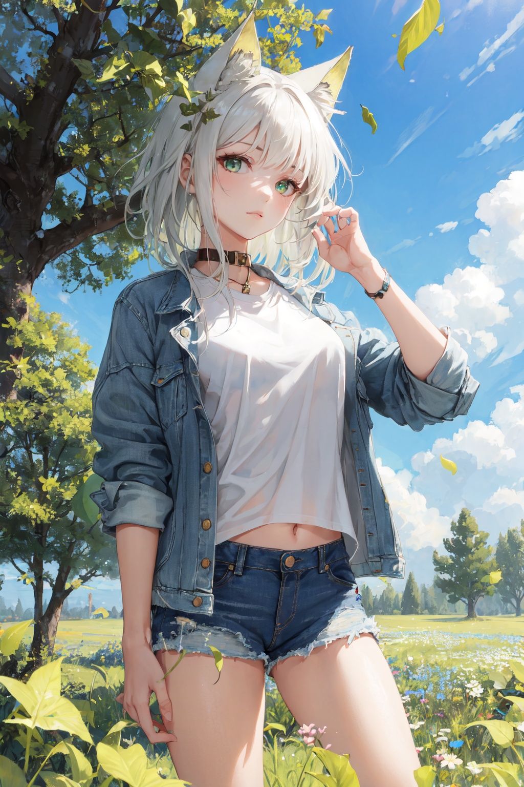 shirt,denim_shorts,green eyes,1girl,masterpiece, best quality,looking at viewer,blue sky,meadow,tree,leaf,white hair,denim jacket,facing viewer