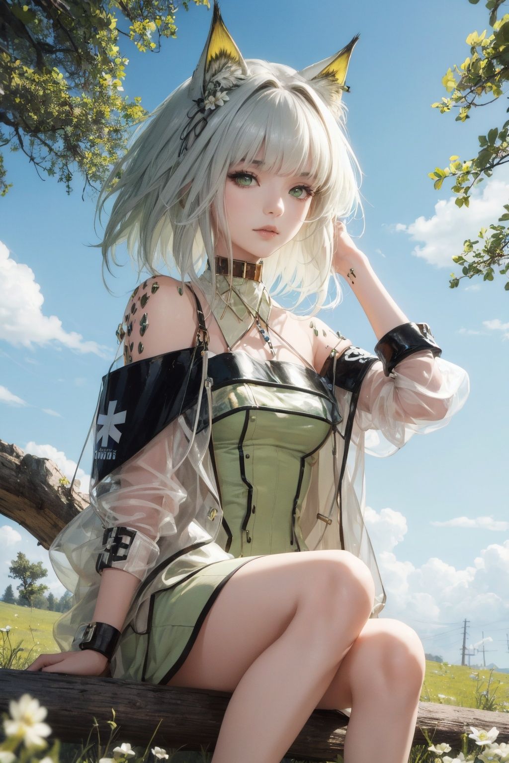 kaldef, green short dress, ultra quality, sharp focus, 8K UHD, highly detailed glossy eyes, ultra quality,  green eyes,  1girl,  masterpiece,  best quality,  hair blowing,  looking at viewer,  blue sky,  meadow,  sitting,  tree,  gradient hair, hand on own hair