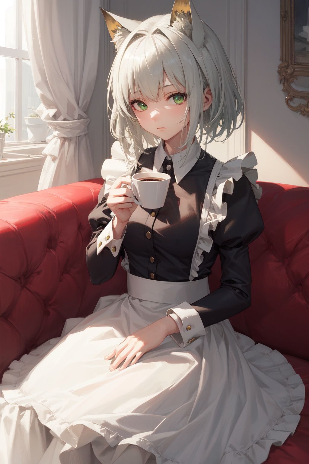 kaldef, 1girl, masterpiece,  best quality,  looking at viewer, indoors, sitting on sofa, holding coffe cup,green eyes,maid