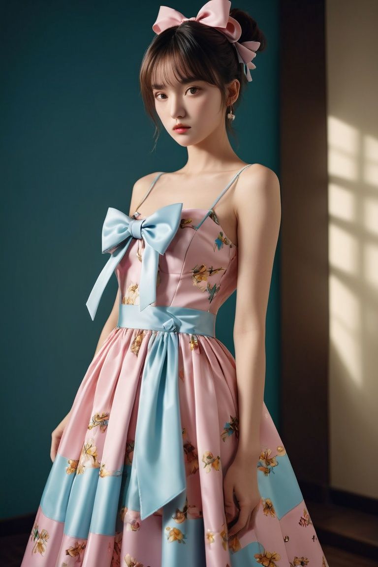 cinematic photo Kodak Professional Vericolor III,  Jeremy Scott (杰瑞米·斯科特),  ((Oversized bow-adorned cocktail dress with dr...