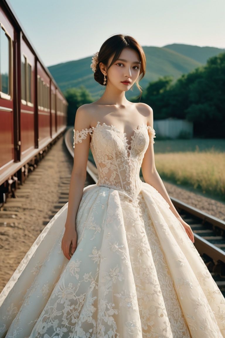 cinematic photo Rollei Ortho 25,  Yves Saint Laurent (伊夫·圣罗兰),  ((Elongated train ball gown with intricate lace appliqués)...