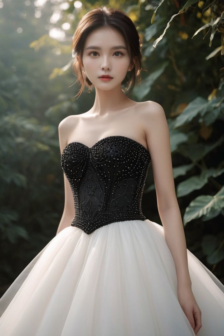 cinematic photo Kodak Professional BW400CN,  Karl Lagerfeld (卡尔·拉格斐),  ((Timeless strapless ball gown with a full tulle sk...