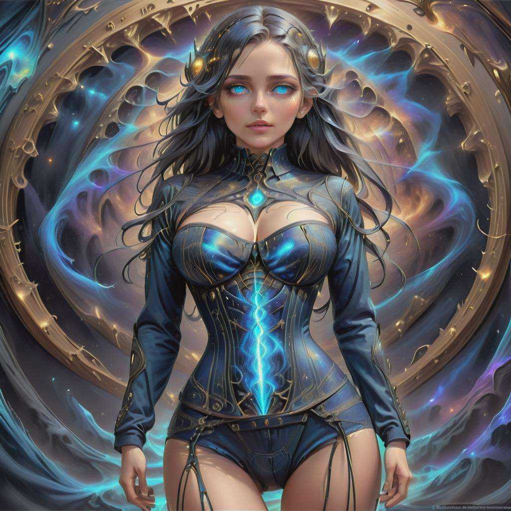 ((best quality)), ((masterpiece)), ((realistic)), (detailed),DonMDj1nnM4g1cXL female upper body clothing,  Gravitational Smart Thread, Galactic Warp Texture,, Leviathan Scale Siding, Long Sleeves, Mini Length, High Waist,  Two-Piece Set, Corset Closure,  , lower body clothing, Lycra, Cosmic Fractal Print,, Slate Tiles, Relaxed Fit, Natural Waist,  Back pockets,,Adjustable Waist,,Cutout Details, Corset Closure,  , magical ((masterpiece)), 8K, HDR, <lora:DonMDj1nnM4g1cXL:1>