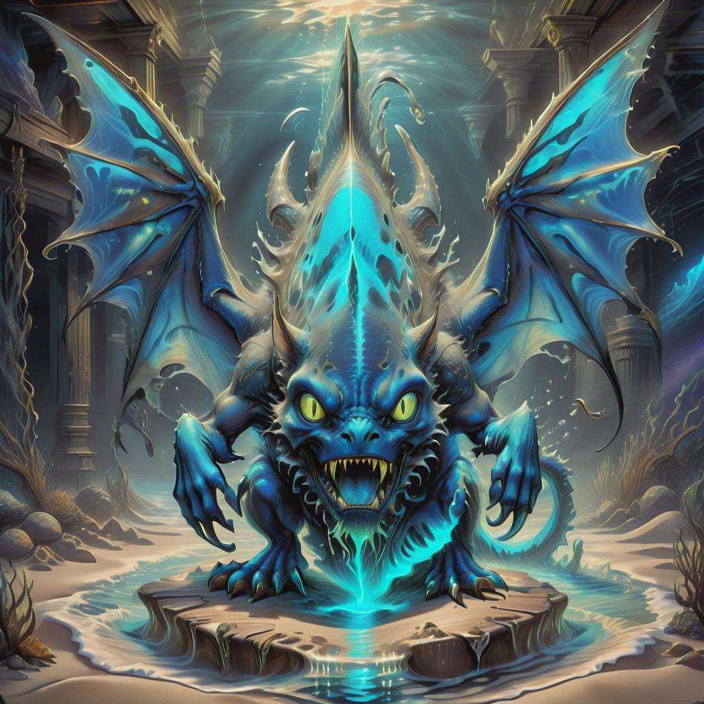 ((best quality)), ((masterpiece)), ((realistic)), (detailed),DonMDj1nnM4g1cXL Massive Prowling Phosphorescent Vintage Aquatic, 1 Leg Multipedal, Clawed Appendages,  Prehensile-Tailed, Bark-like Skin, Floppy Ears, Gargoyle Wings, Straight Horns Mandible Claws Subdued, magical ((masterpiece)), 8K, HDR, <lora:DonMDj1nnM4g1cXL:1>